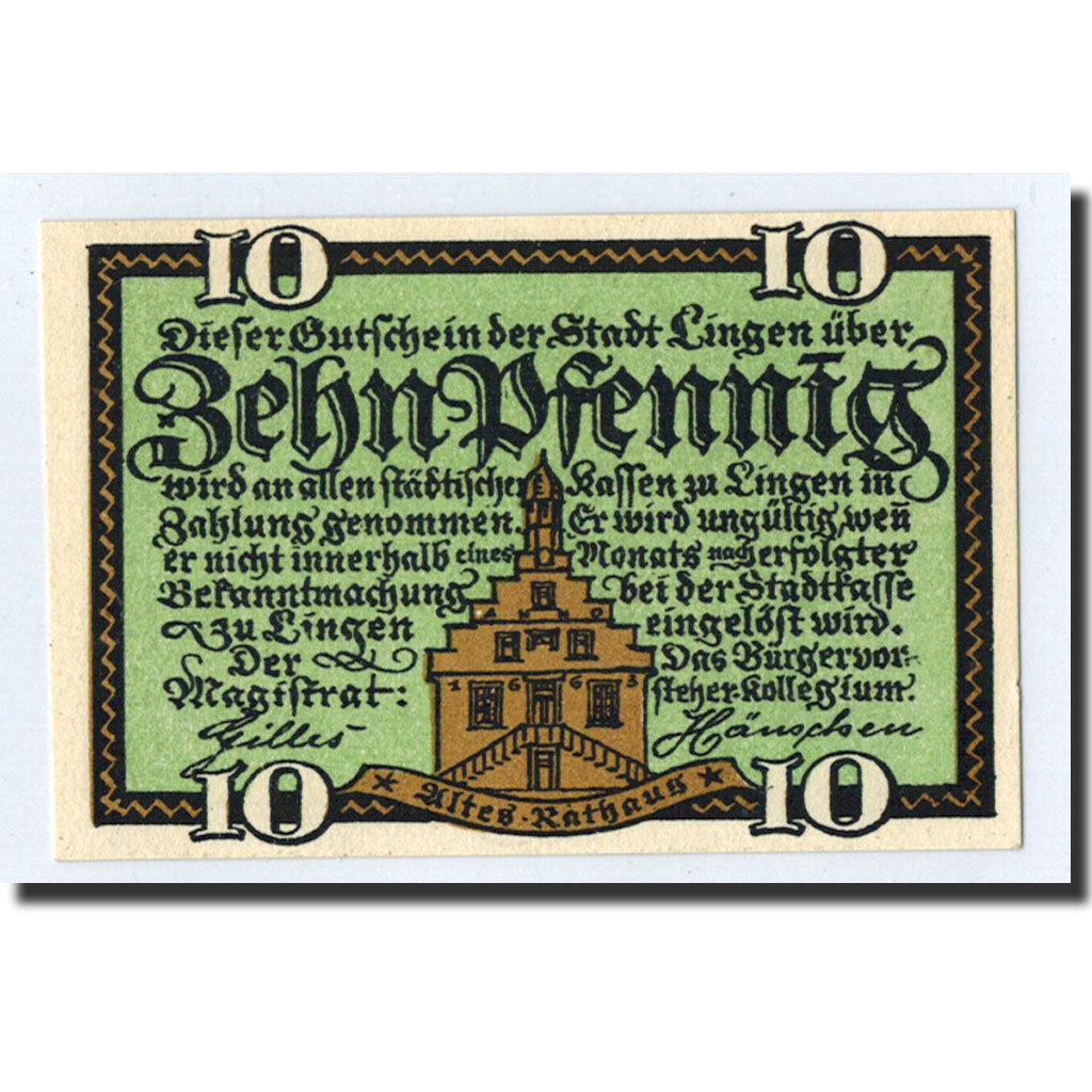 Banknote, Germany, Lingen Stadt, 10 Pfennig, Ecusson, O.D, Undated, UNC(63)