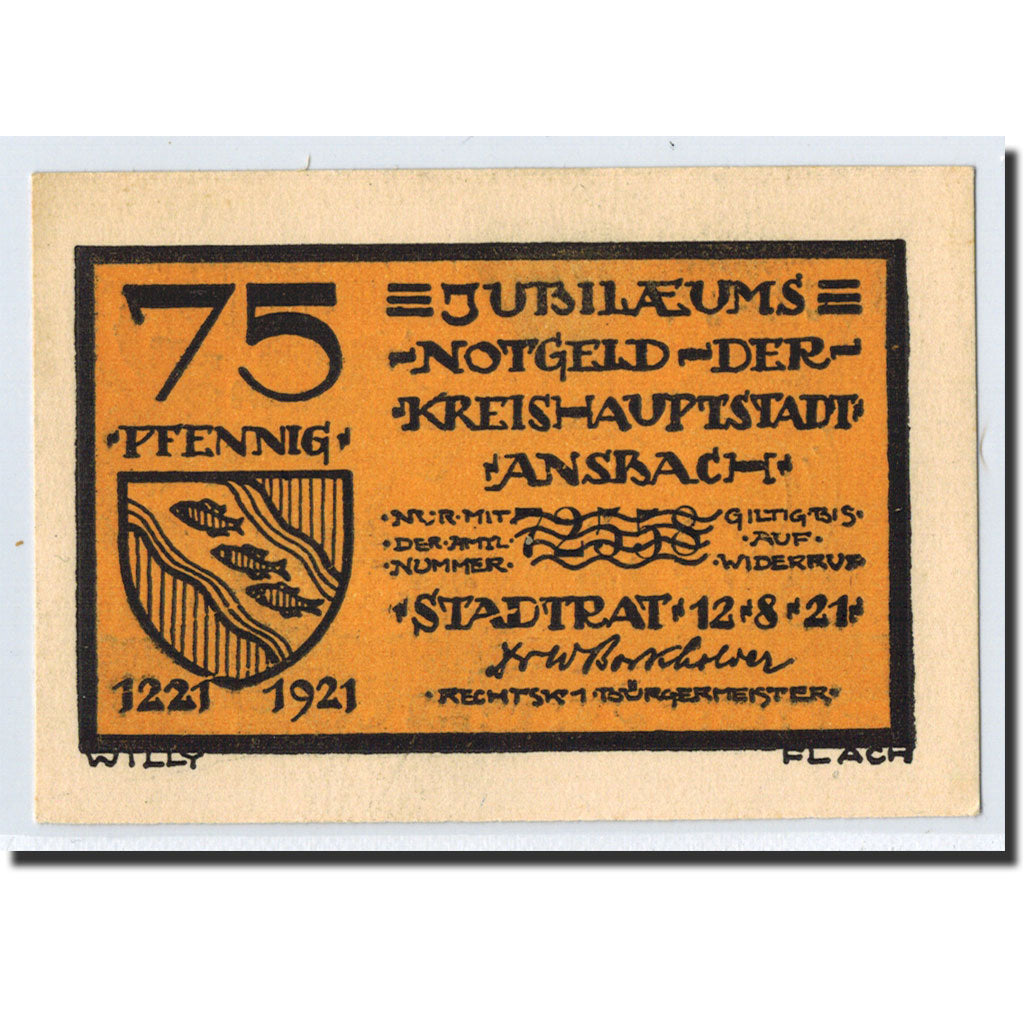 Banknote, Germany, Ansbach, 75 Pfennig, personnage, 1921, 1921-08-12, UNC(63)