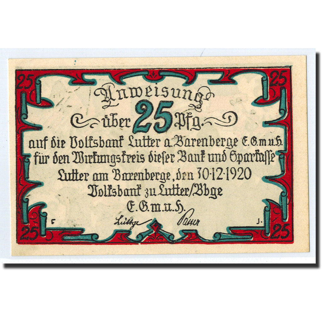 Banknote, Germany, Lutter am Barenberge, 25 Pfennig, chevalier, 1920