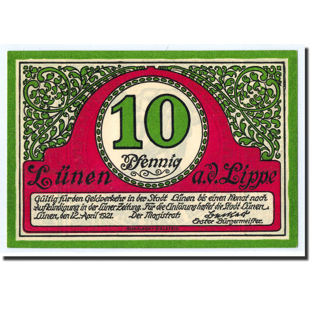 Banknote, Germany, Lunen Stadt, 10 Pfennig, personnage, 1921, 1921-04-12