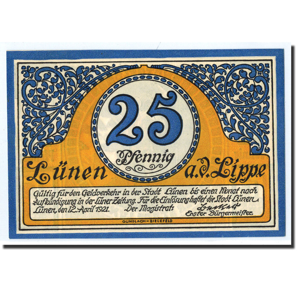 Banknote, Germany, Lunen Stadt, 25 Pfennig, personnage, 1921, 1921-04-12