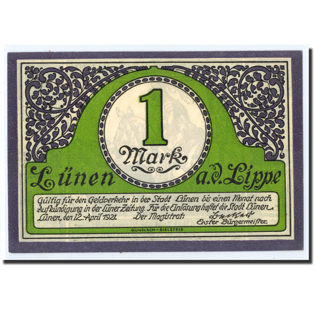Banknote, Germany, Lunen Stadt, 1 Mark, chevalier, 1921, 1921-04-12, UNC(63)