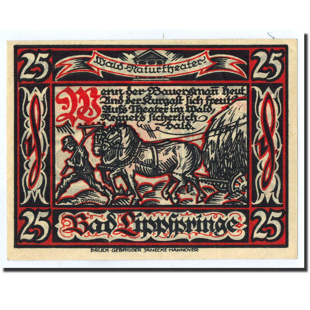 Banknote, Germany, Lippspringe, 25 Pfennig, agriculteur, 1921, 1921-05-28