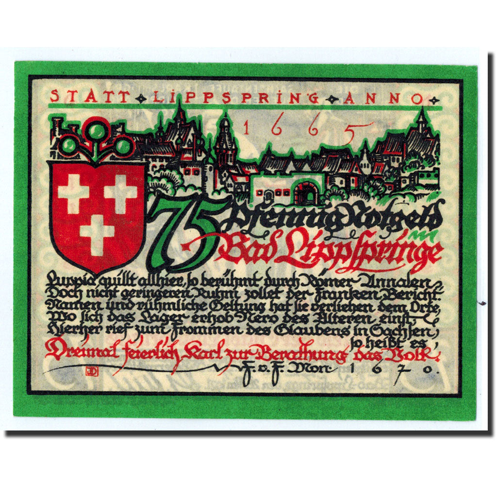 Banknote, Germany, Lippspringe, 75 Pfennig, chevalier, 1921, 1921-05-28