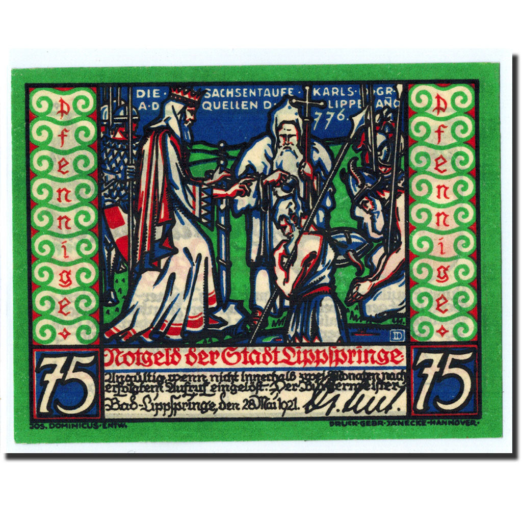 Banknote, Germany, Lippspringe, 75 Pfennig, chevalier, 1921, 1921-05-28