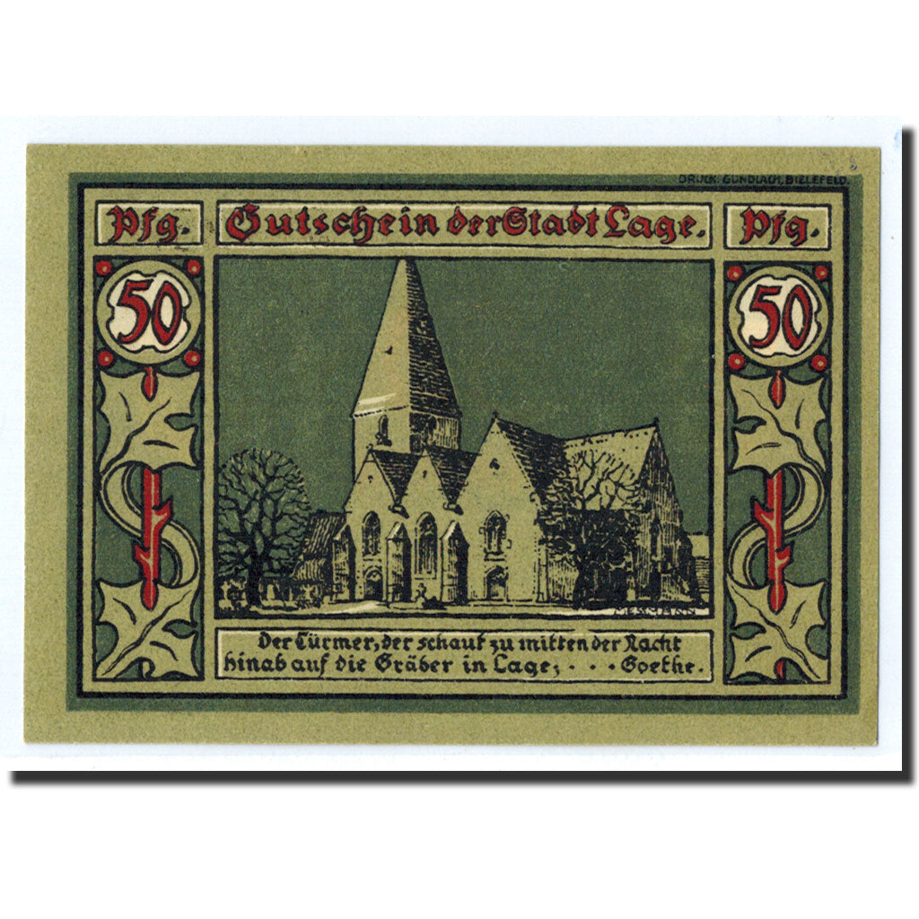 Banknote, Germany, Lage Stadt, 50 Pfennig, Eglise, 1921, Undated, UNC(63)