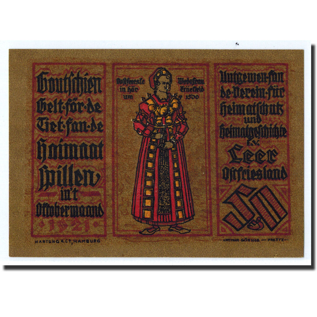 Banknote, Germany, Leer, 50 Pfennig, personnage, 1921, Undated, UNC(63)