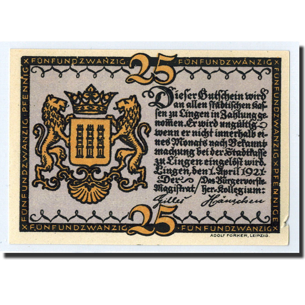 Banknote, Germany, Lingen Stadt, 25 Pfennig, Ecusson, 1921, 1921-04-01, UNC(63)