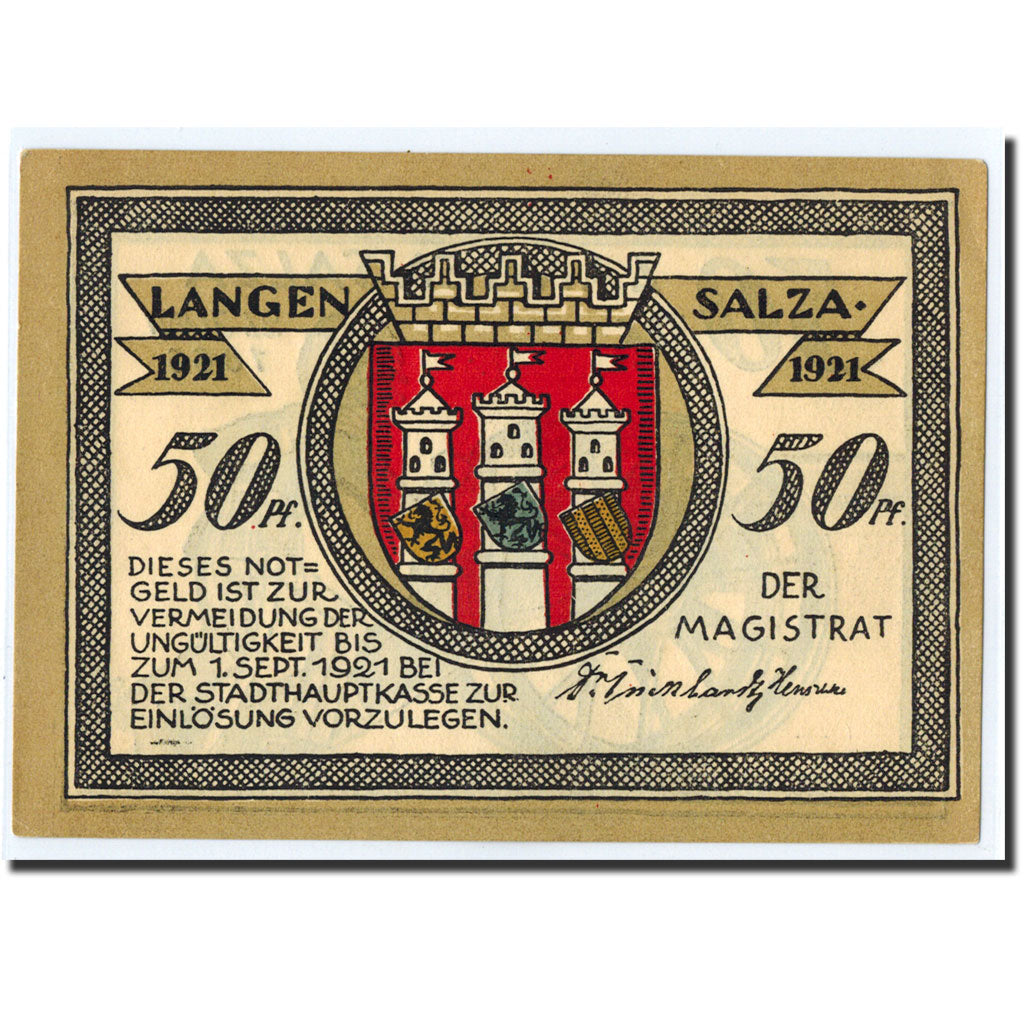 Banknote, Germany, Langensalza Stadt, 50 Pfennig, Monument, 1921, 1921-09-01