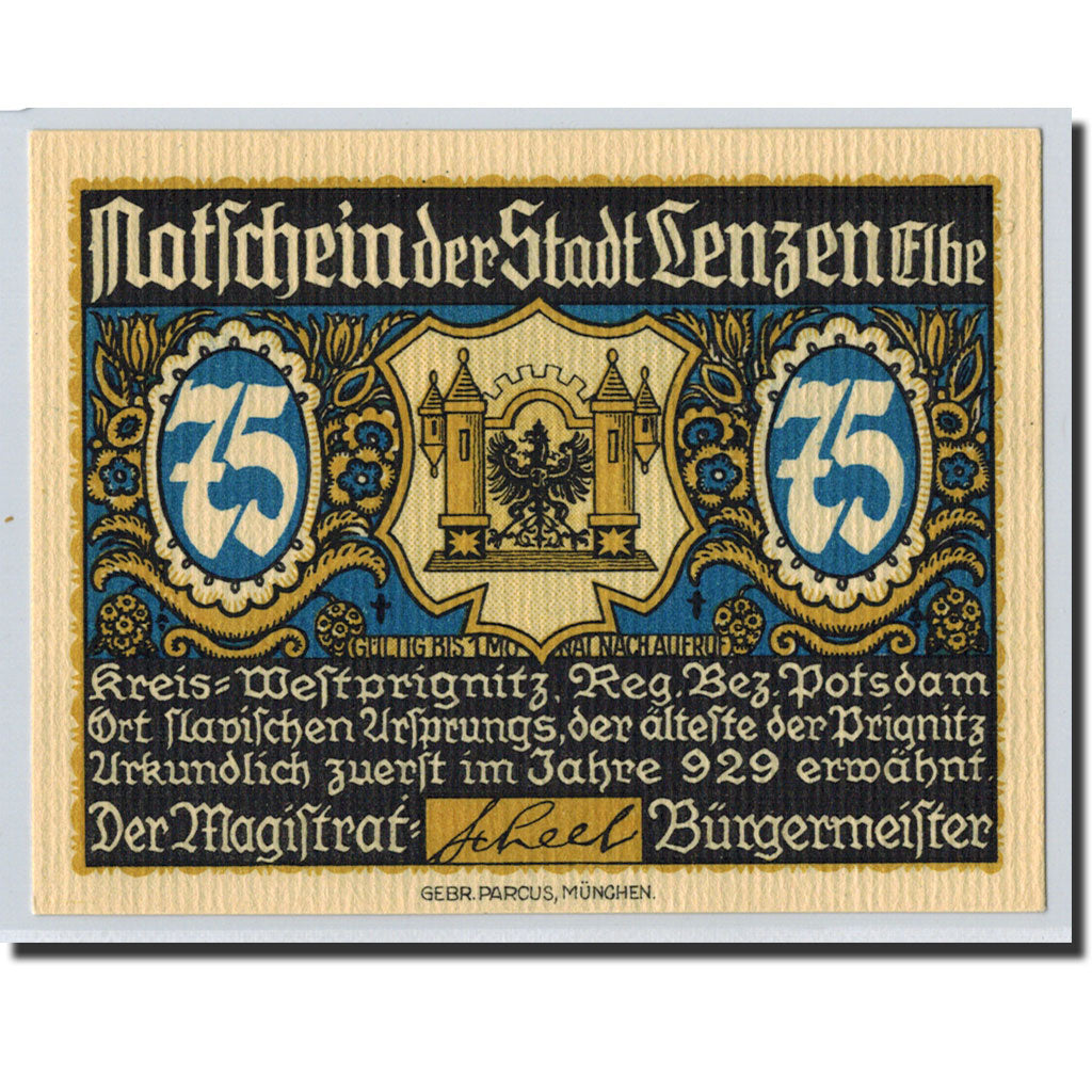 Banknote, Germany, Lenzen a.d. Elbe, 75 Pfennig, portrait, 1922, Undated