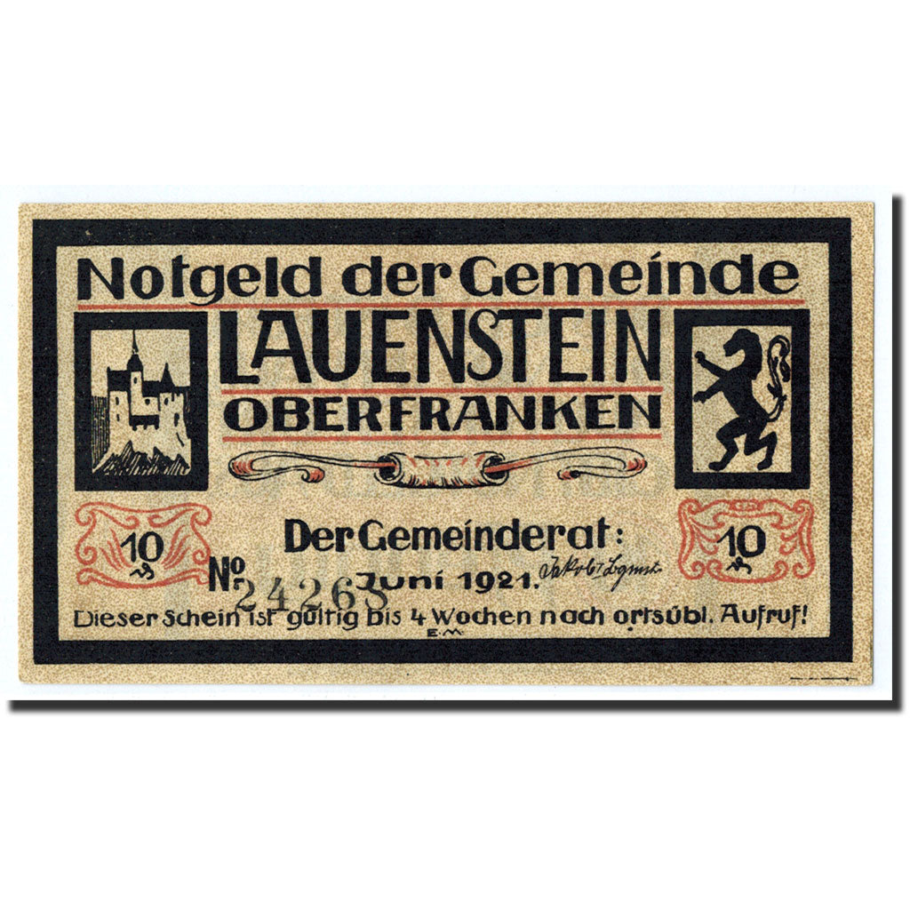 Banknote, Germany, Lauenstein, 10 Pfennig, château, 1921, Undated, UNC(63)