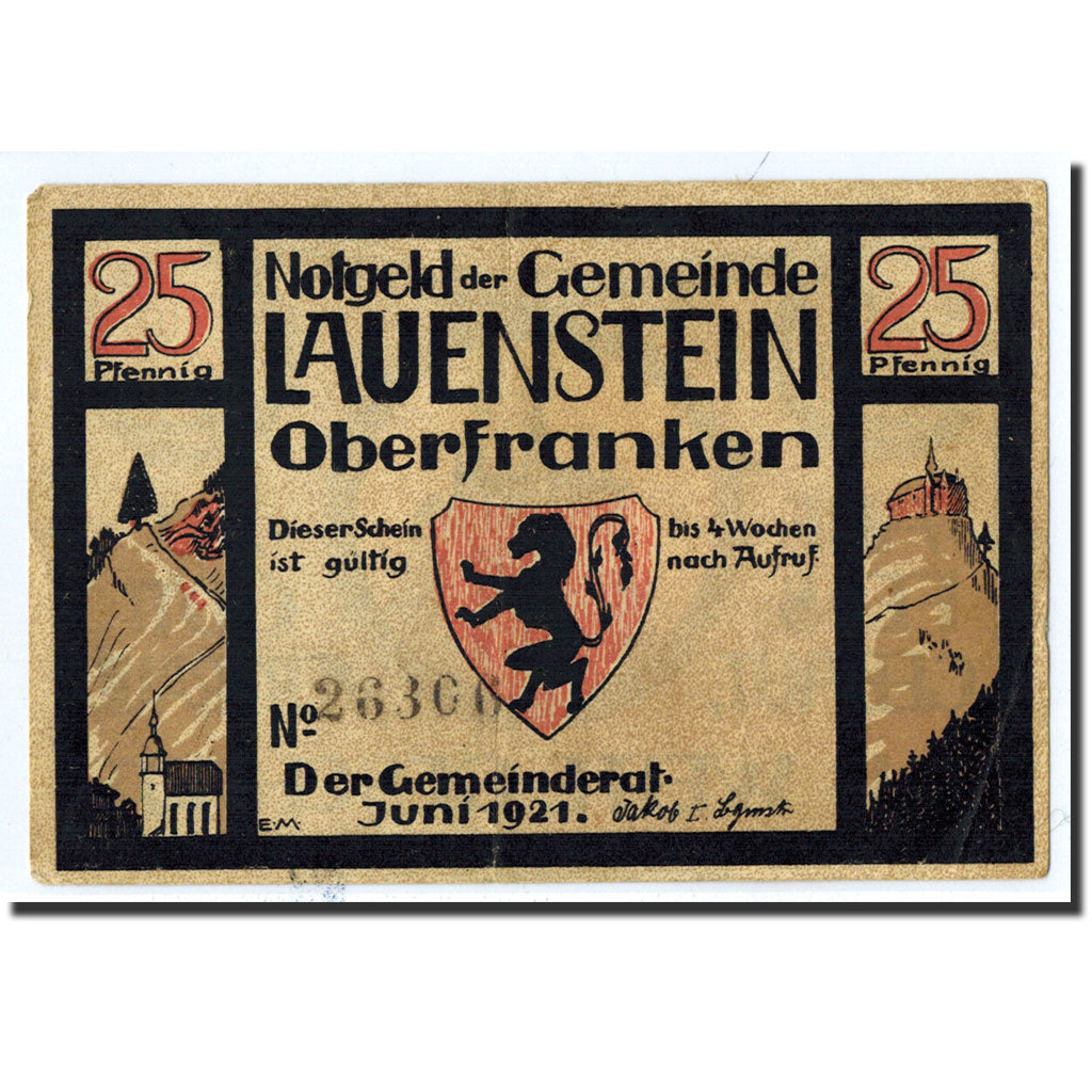 Banknote, Germany, Lauenstein, 25 Pfennig, château, 1921, Undated, UNC(63)