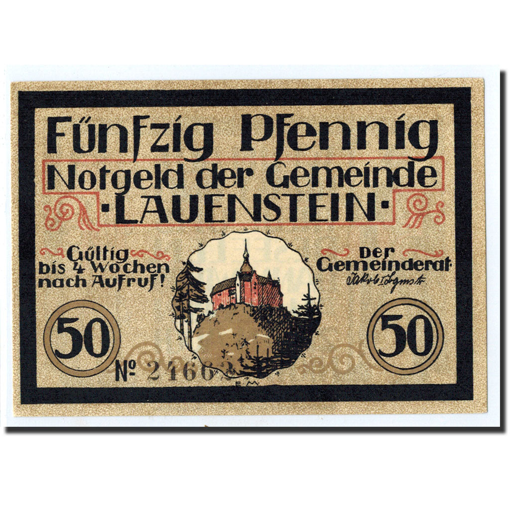 Banknote, Germany, Lauenstein, 50 Pfennig, château, 1921, Undated, UNC(63)