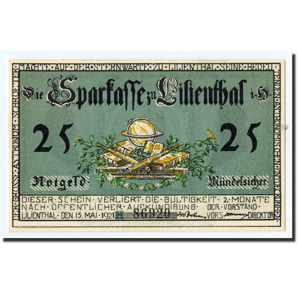 Banknote, Germany, Llienthal, 25 Pfennig, portrait, 1921, 1921-05-15, UNC(63)