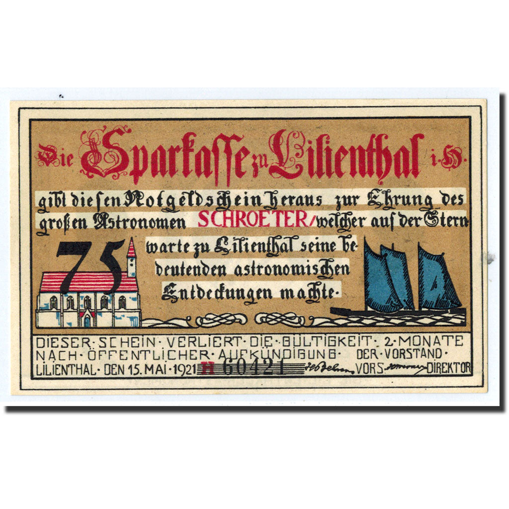 Banknote, Germany, Llienthal, 75 Pfennig, portrait, 1921, 1921-05-15, UNC(63)