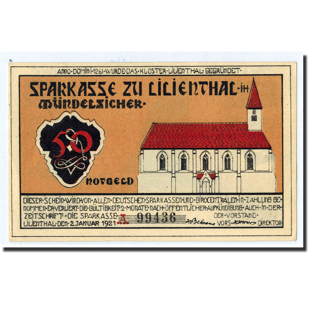 Banknote, Germany, Lilienthal, 50 Pfennig, bateau, 1921, 1921-04-15, UNC(63)