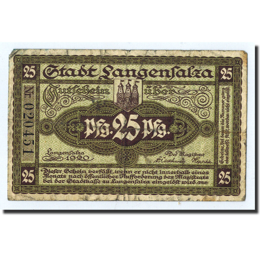 Banknote, Germany, Langensalza Stadt, 25 Pfennig, château, 1920, Undated