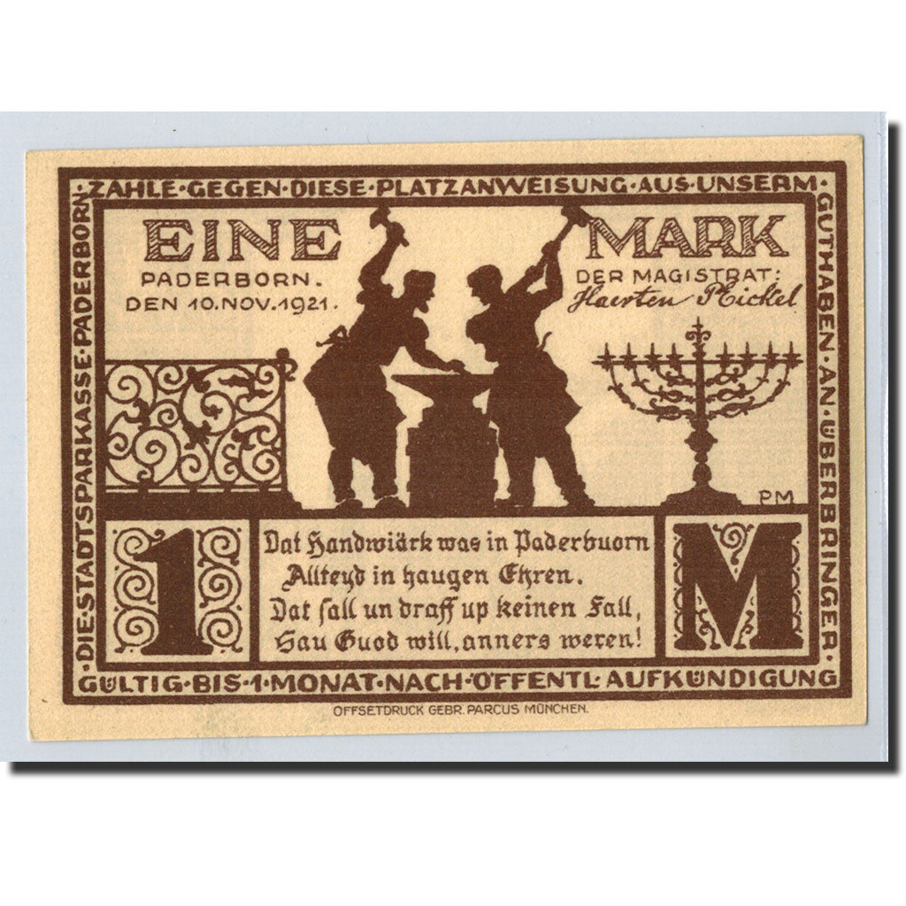 Banknote, Germany, Paderborn, 1 Mark, château, 1921, 1921-11-10, UNC(63)