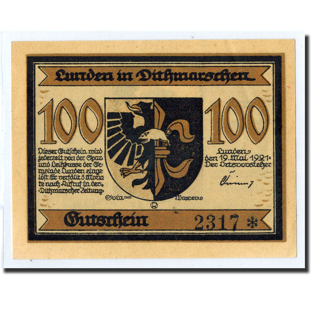 Banknote, Germany, Lunden, 100 Pfennig, Ecusson, 1921, 1921-05-19, UNC(63)
