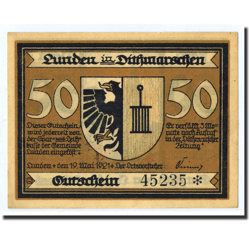 Banknote, Germany, Lunden, 50 Pfennig, Ecusson, 1921, 1921-05-19, UNC(63)