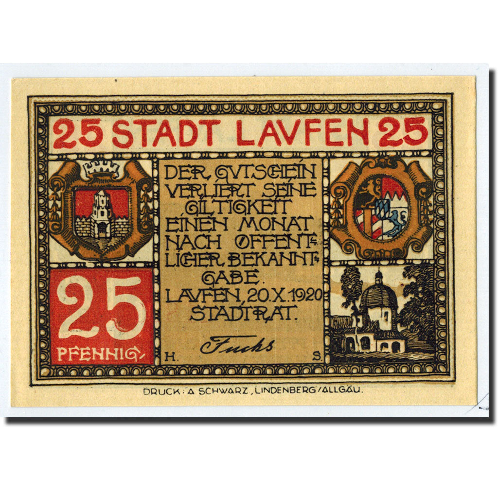 Banknote, Germany, Laufen, 25 Pfennig, paysage, 1920, 1920-10-20, UNC(63)