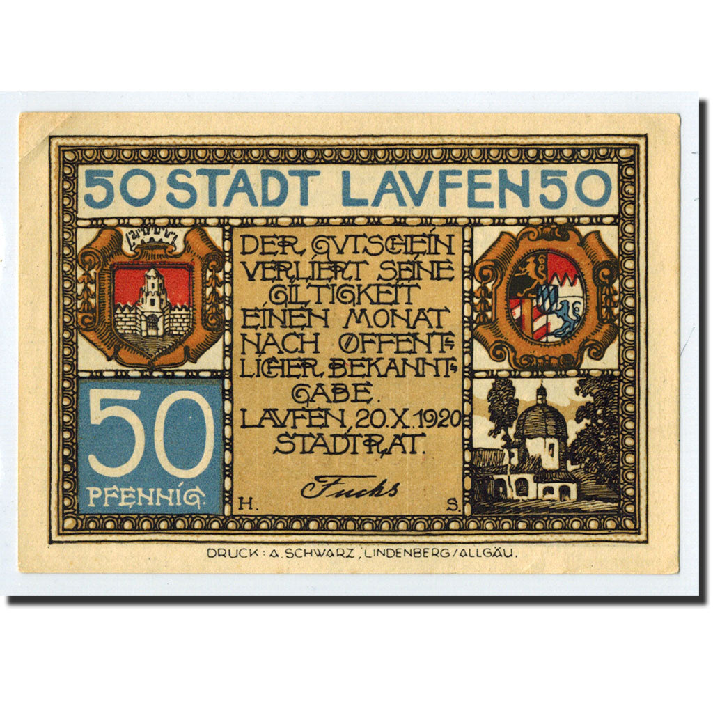 Banknote, Germany, Laufen, 50 Pfennig, paysage, 1920, 1920-10-20, UNC(63)