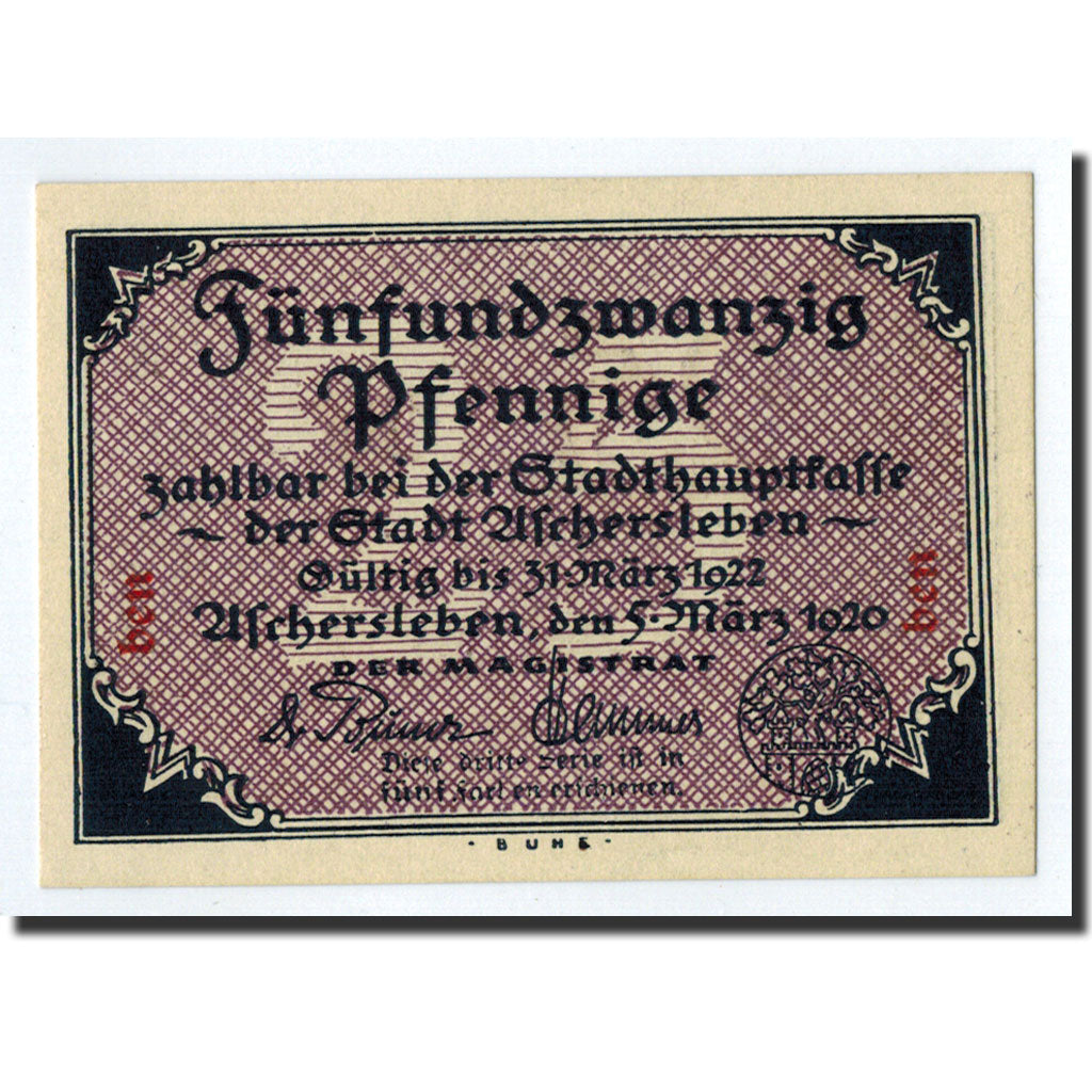 Banknote, Germany, Aschersleben, 25 Pfennig, Eglise, 1920, 1920-03-05, UNC(63)