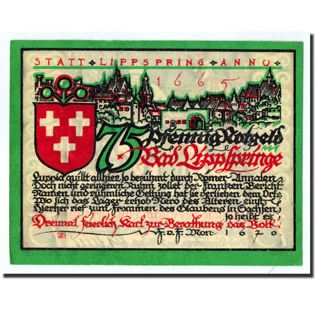 Banknote, Germany, Lippspringe, 75 Pfennig, personnage, 1921, 1921-05-28