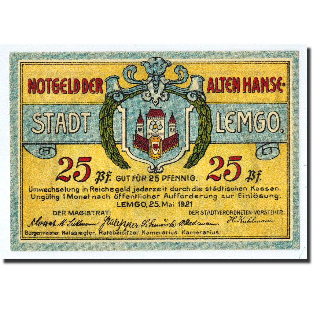 Banconote, Germania, Lemgo Stadt, 25 Pfennig, paysage, 1921, 1921-05-25, SPL