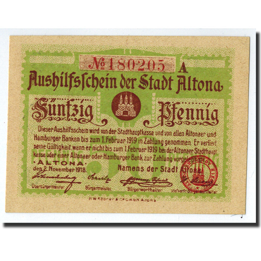 Banknote, Germany, Altona, 50 Pfennig, château, 1918, 1918-11-02, UNC(63)