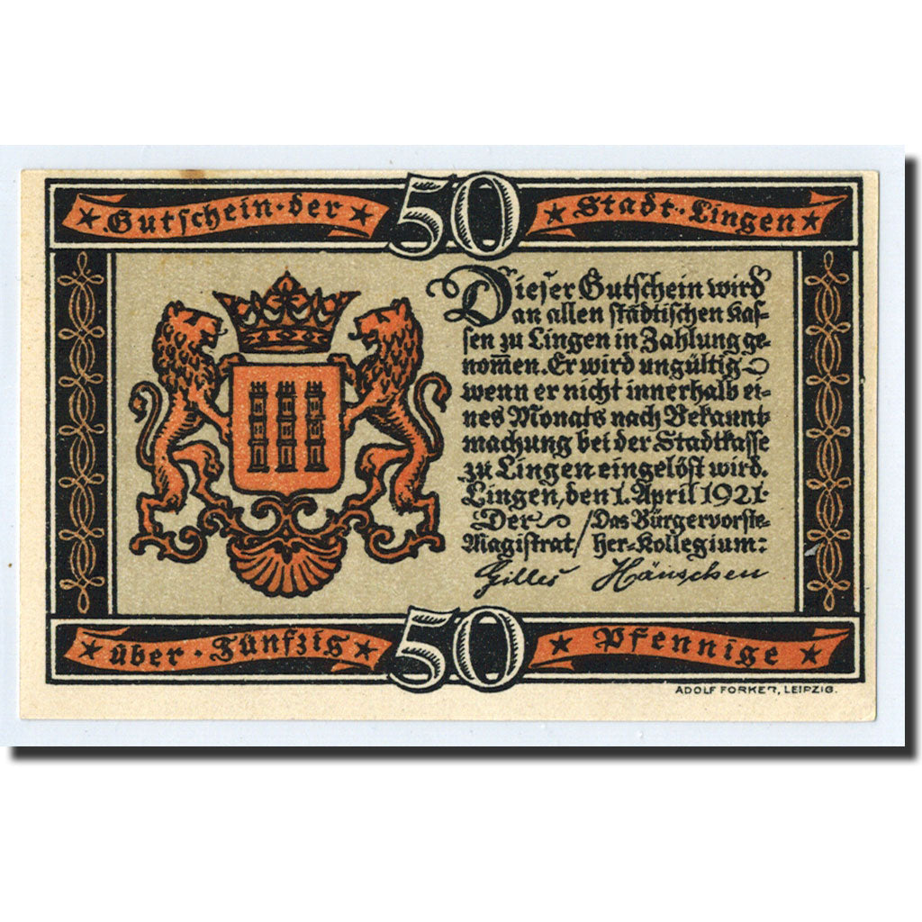 Geldschein, Deutschland, Lingen Stadt, 50 Pfennig, paysage, 1921, 1921-04-01