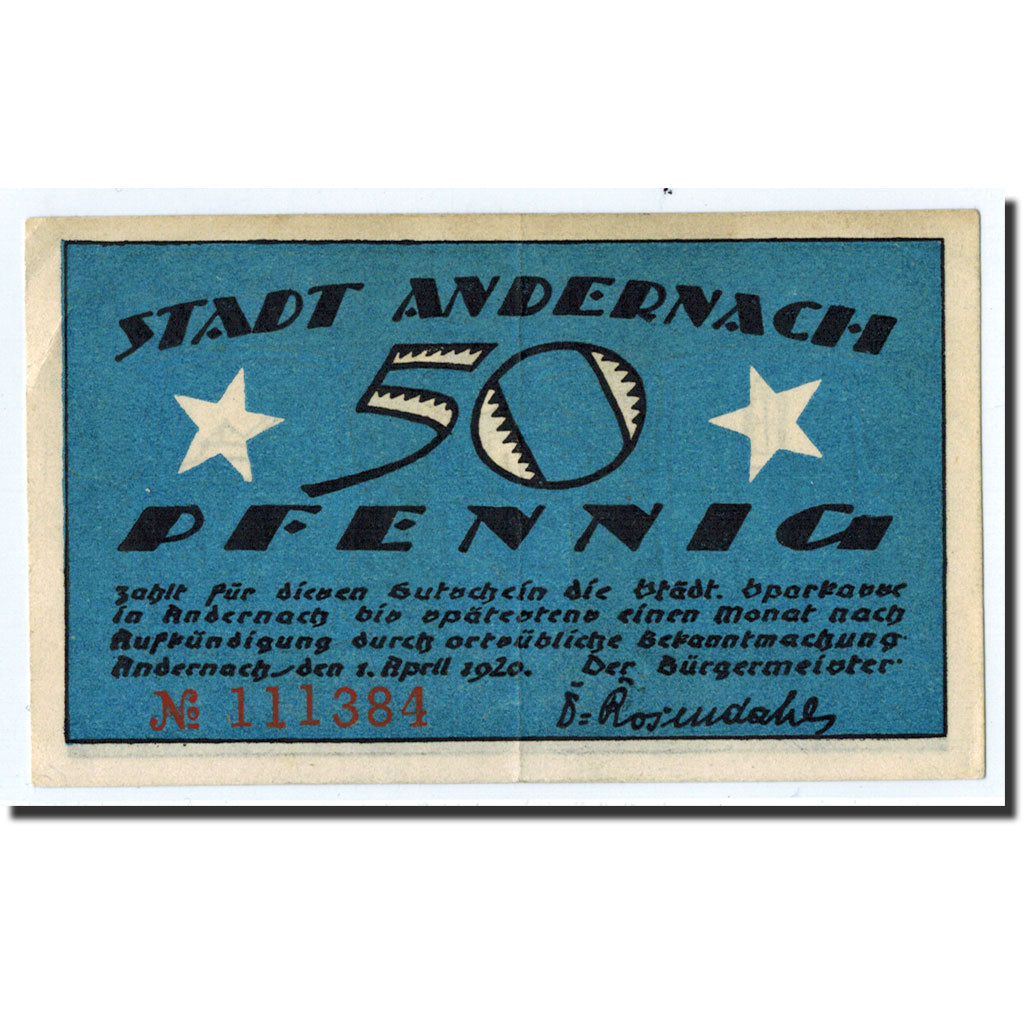 Banknote, Germany, Andernach, 50 Pfennig, Ecusson, 1920, 1920-04-01, UNC(63)