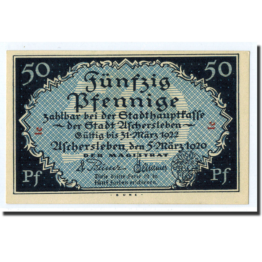Banknote, Germany, Aschersleben, 50 Pfennig, Monument, 1920, 1920-03-05, UNC(63)