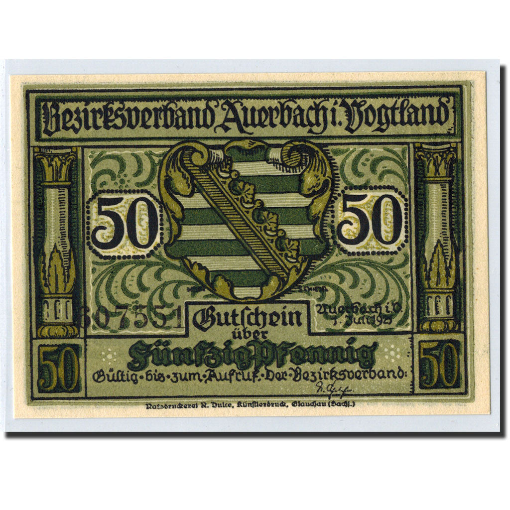 Banknote, Germany, Auerbach, 50 Pfennig, personnage, 1921, 1921-07-01, UNC(63)