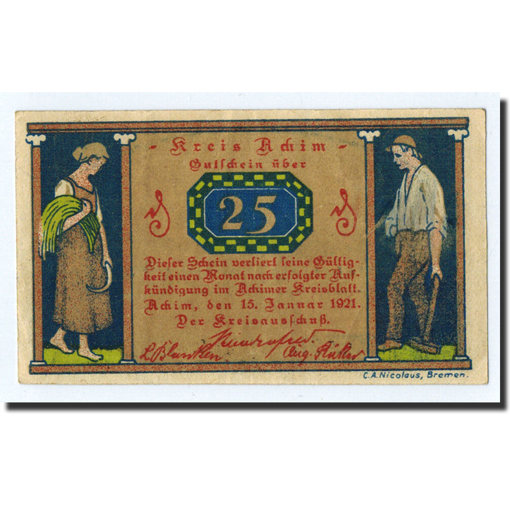Banknote, Germany, Achim, 25 Pfennig, paysage, 1921, 1921-01-15, UNC(63)