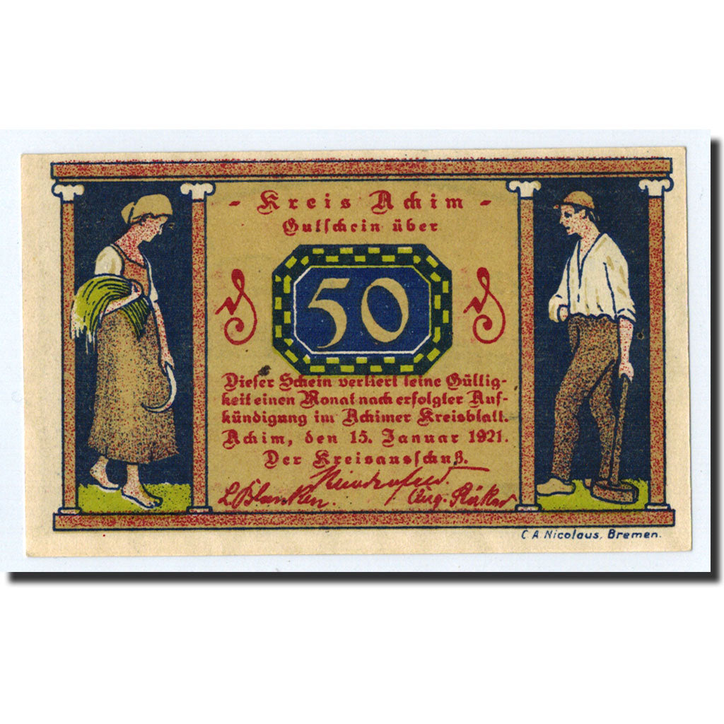 Banknote, Germany, Achim, 50 Pfennig, paysage, 1921, 1921-01-15, UNC(63)