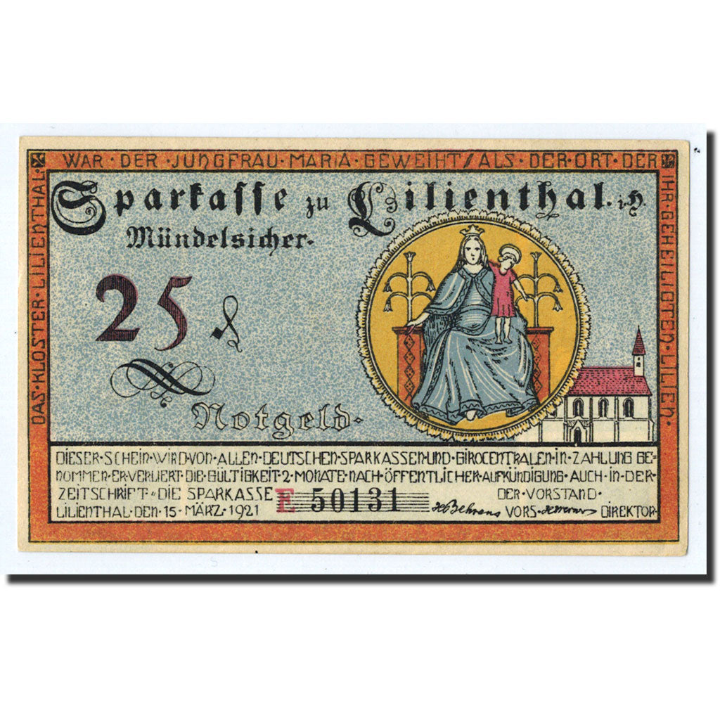 Banknote, Germany, Lilienthal, 25 Pfennig, bateau, 1921, 1921-03-31, UNC(63)