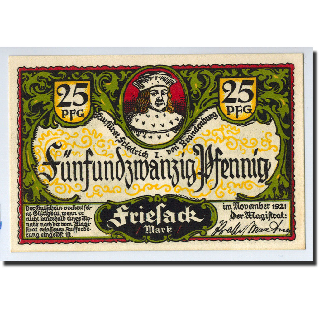 Banknote, Germany, Friesack Stadt, 25 Pfennig, Monument, 1921, UNC(63)