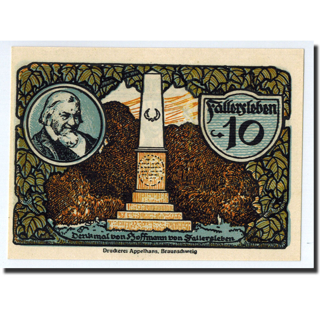 Banconote, Germania, Fallersleben, 10 Pfennig, Monument, 1920, 1920-10-01, SPL