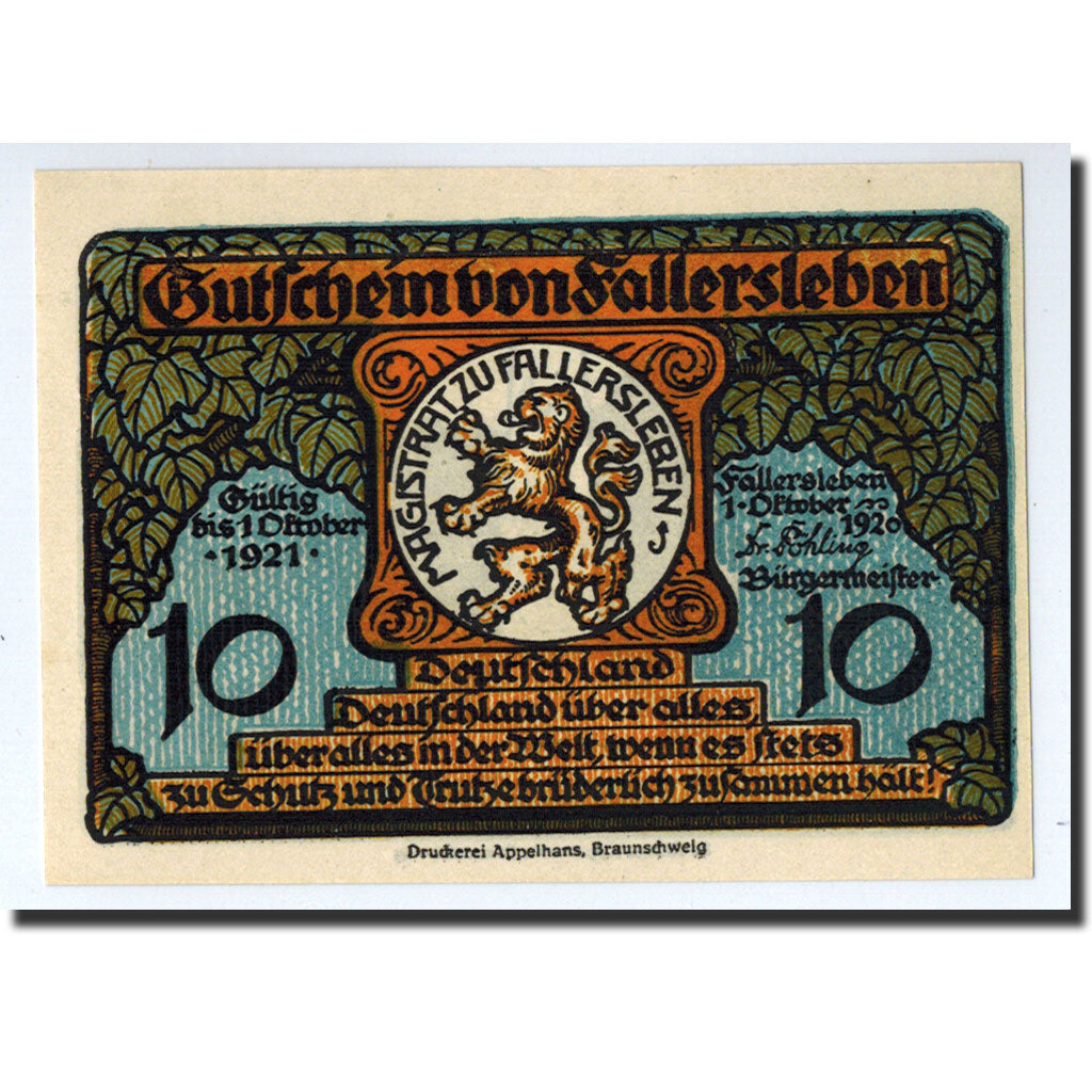 Banconote, Germania, Fallersleben, 10 Pfennig, Monument, 1920, 1920-10-01, SPL