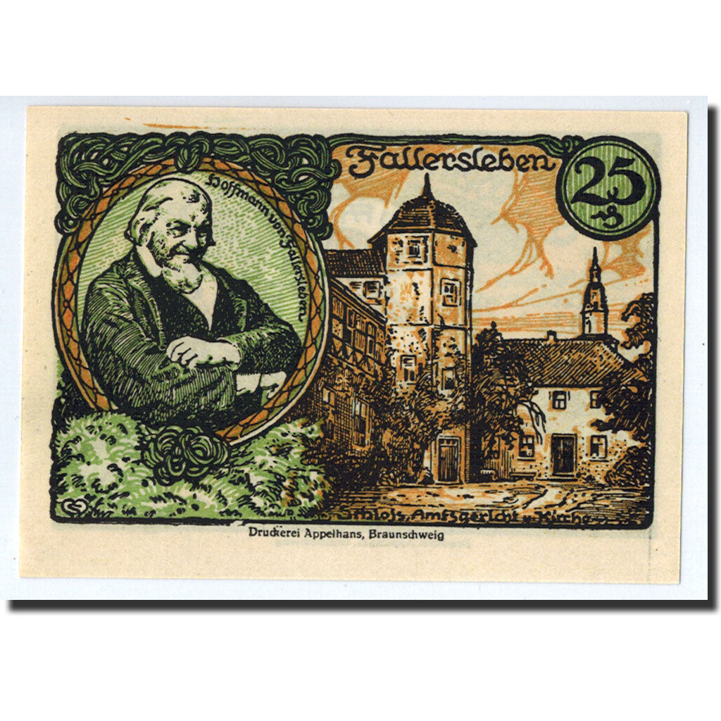 Banknote, Germany, Fallersleben, 25 Pfennig, personnage, 1920, 1920-10-01