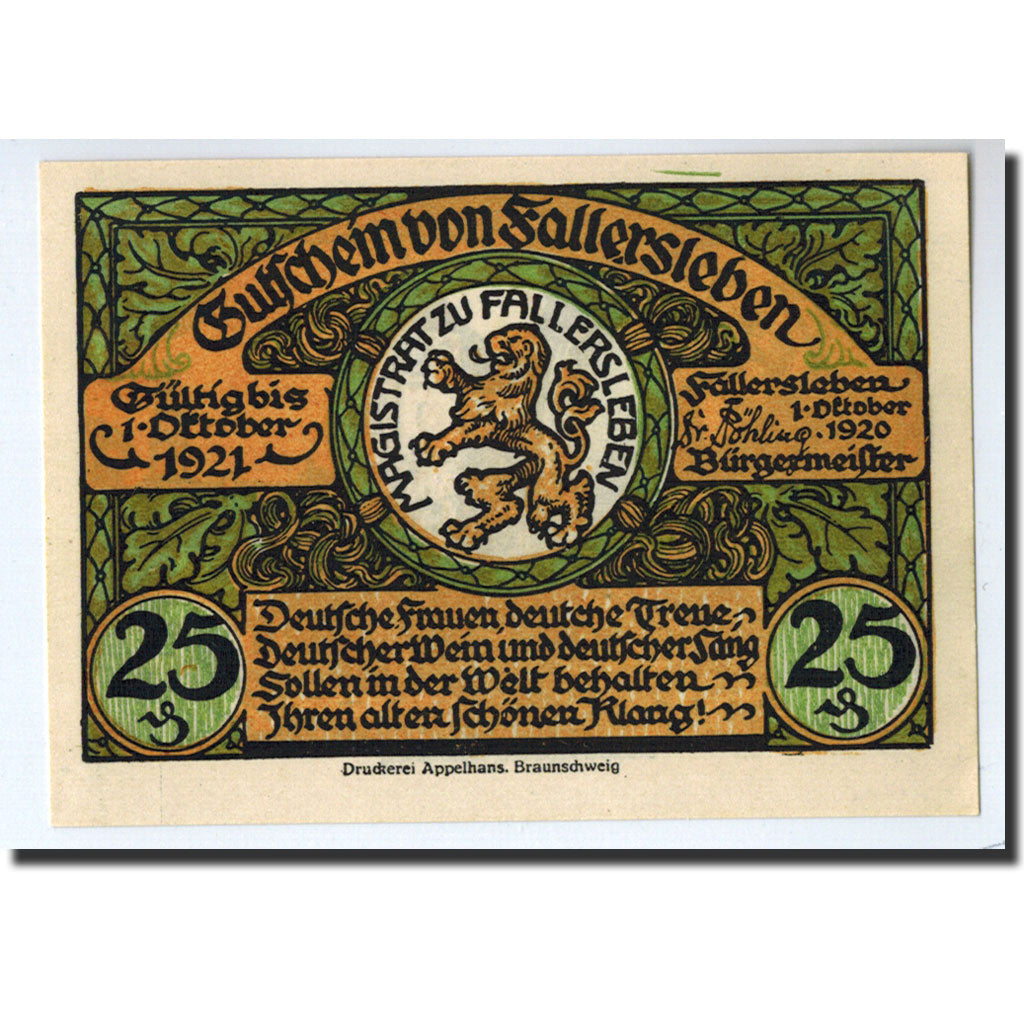 Banknote, Germany, Fallersleben, 25 Pfennig, personnage, 1920, 1920-10-01