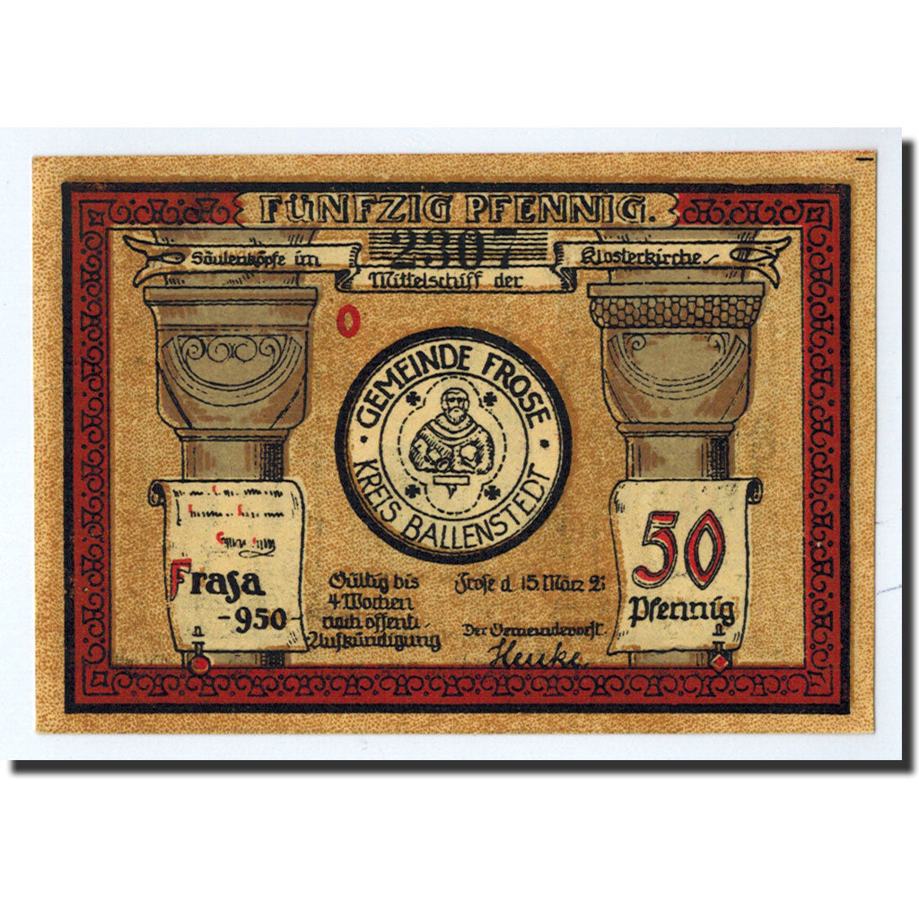 Billet, Allemagne, Frose, 50 Pfennig, monastère, 1921, 1921-03-15, SPL