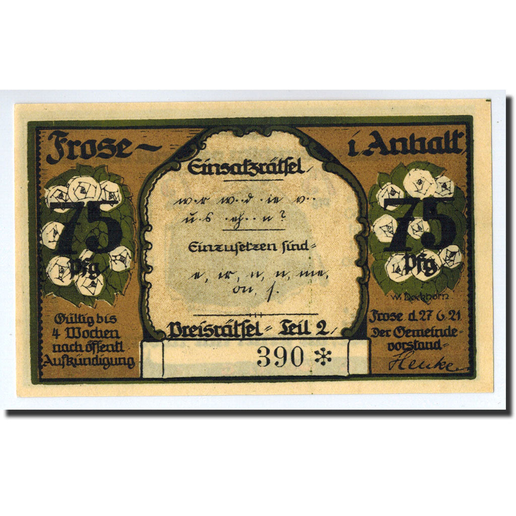 Banknote, Germany, Frose, 75 Pfennig, paysage, 1921, 1921-06-27, UNC(63)