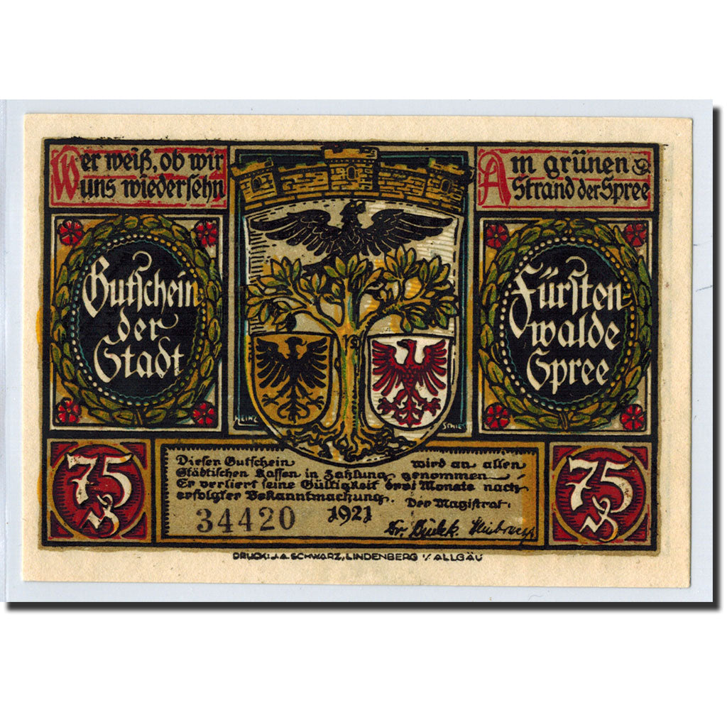 Banknote, Germany, Fürstenwalde, 75 Pfennig, personnage, 1921, UNC(63)