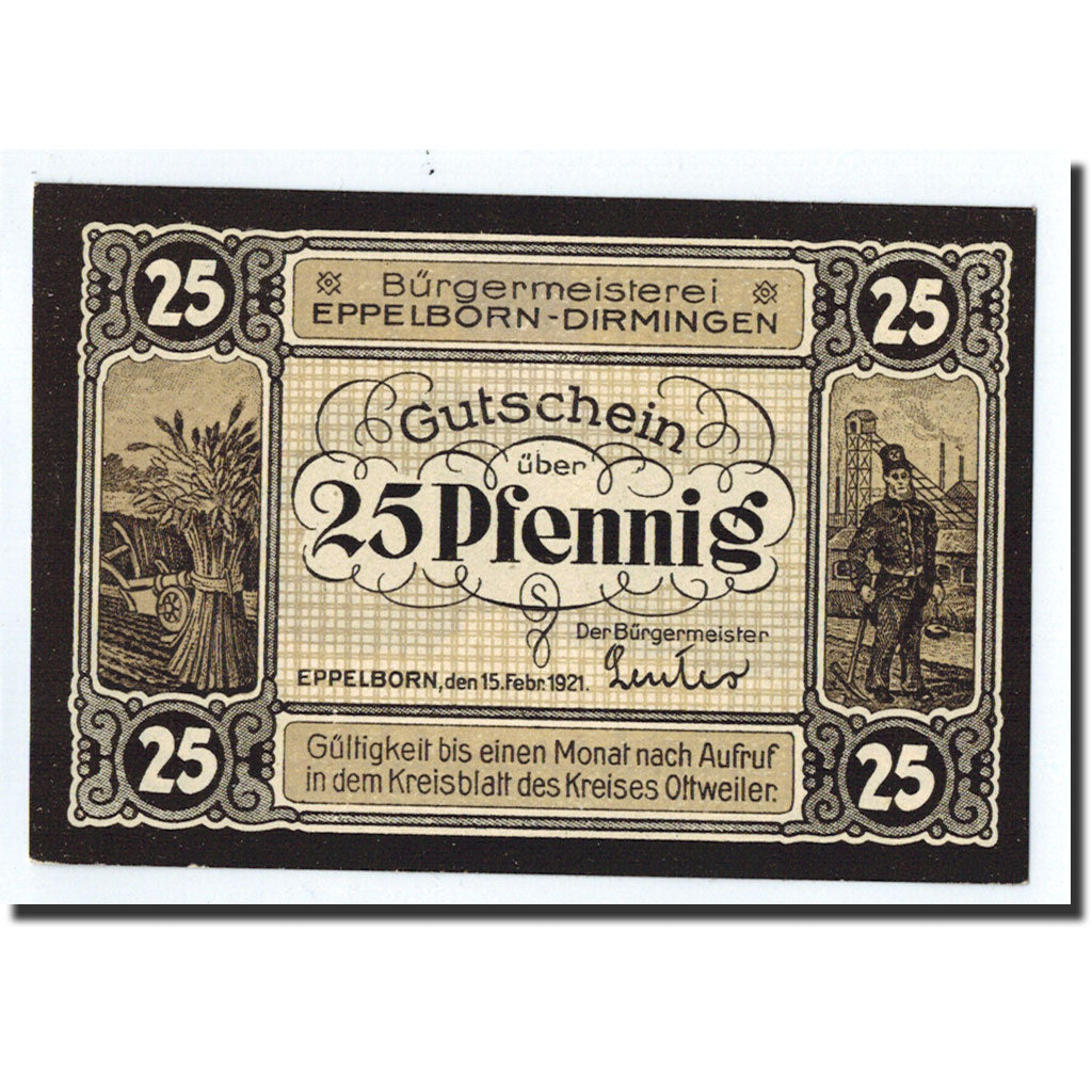 Banknote, Germany, Eppelborn - Dimingen, 25 Pfennig, personnage, 1921