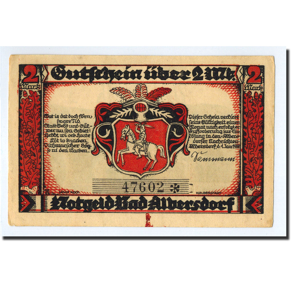 Banknote, Germany, Albersdorf, 2 Mark, paysage, 1922, 1922-01-01, UNC(63)