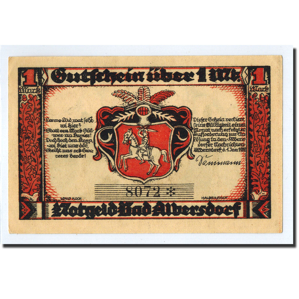 Banknote, Germany, Albersdorf, 1 Mark, pont, 1922, 1922-01-01, UNC(63), Mehl:9.1