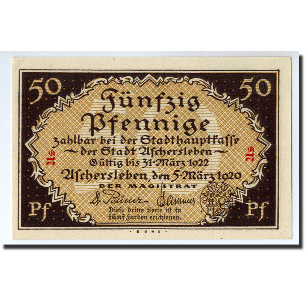 Banknote, Germany, Aschersleben, 50 Pfennig, Eglise, 1920, 1920-03-05, UNC(63)