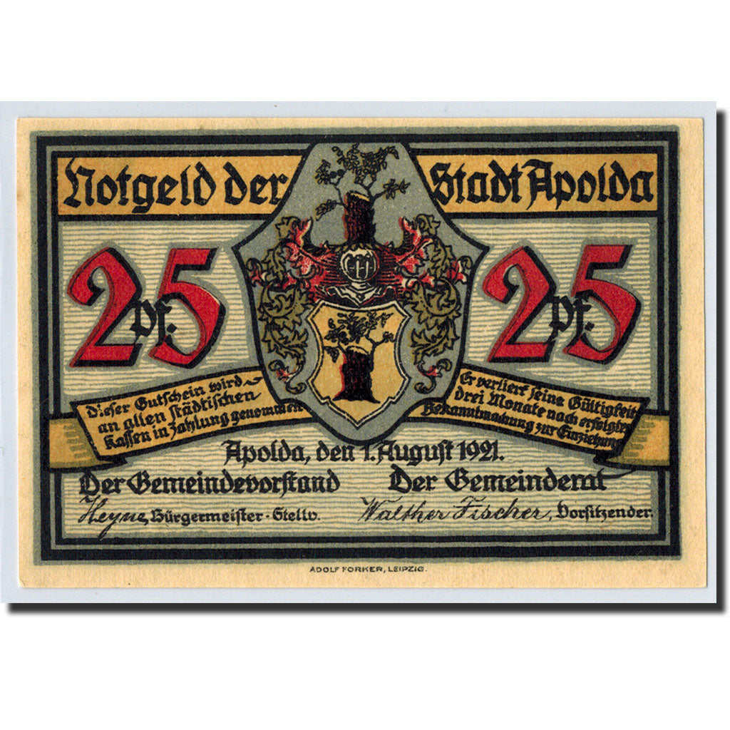 Banknote, Germany, Apolda, 25 Pfennig, personnage, 1921, 1921-08-01, UNC(63)